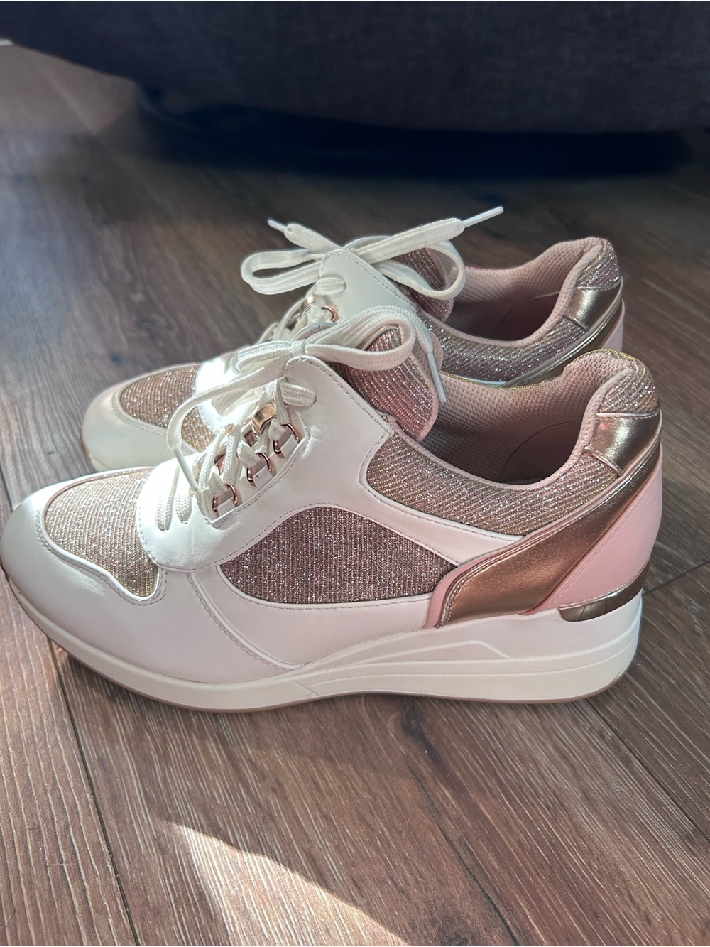 White and Rose Gold Platform Lace-Up Sneakers
